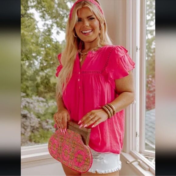 Fuchsia Pink 2X Short Flutter Sleeve Button Front Lace Crochet Detail Blouse - Picture 1 of 9